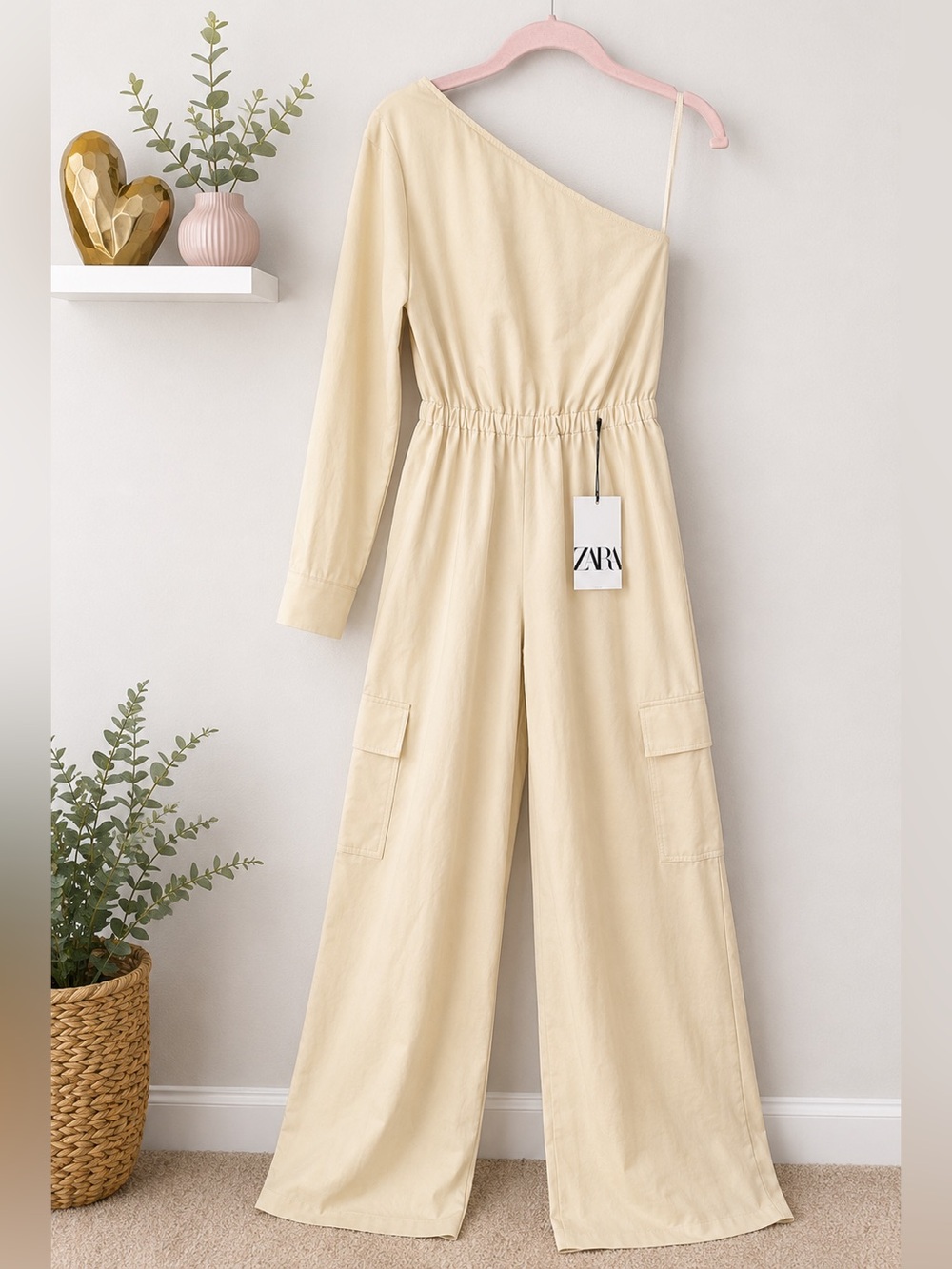 Zara NWT Medium Cream One Shoulder Cargo Wide Leg Jumpsuit Utility Minimalist